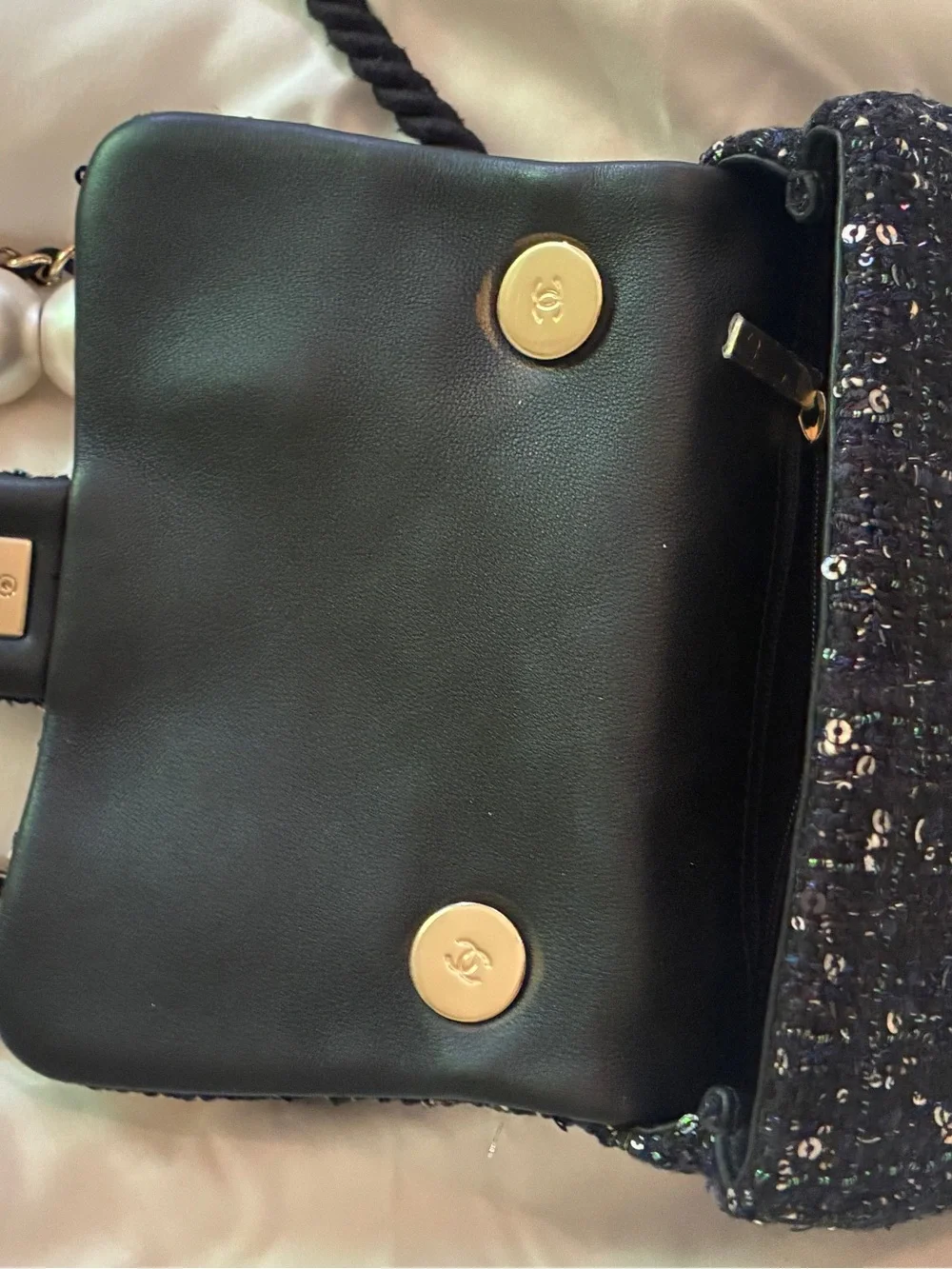 Chanel Black Sequined Pearl-Handle classic flap Mini Shoulder Bag runway
